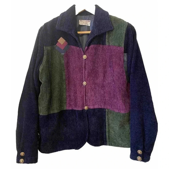 Handmade Womens Patchwork Jacket Sz L Lined Gold Buttons Shoulder  Pads Canadian - Picture 1 of 10